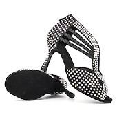 voordelige Latin dansschoenen-Zilveren strass latin dansschoenen voor dames – glinsterende strappy hoge hak ballroom performance sandalen voor salsa, bachata, feest, competitie