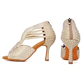 voordelige Latin dansschoenen-Zilveren strass latin dansschoenen voor dames – glinsterende strappy hoge hak ballroom performance sandalen voor salsa, bachata, feest, competitie