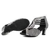 abordables Chaussures de danses latines-chaussures de danse à strass noires pour femmes avec bout ouvert et design à lanières - talons de danse étincelants pour la danse latine, la salsa et la danse de salon