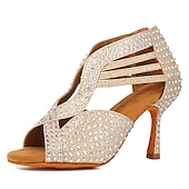 voordelige Latin dansschoenen-Zilveren strass latin dansschoenen voor dames – glinsterende strappy hoge hak ballroom performance sandalen voor salsa, bachata, feest, competitie