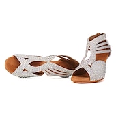 voordelige Latin dansschoenen-Zilveren strass latin dansschoenen voor dames – glinsterende strappy hoge hak ballroom performance sandalen voor salsa, bachata, feest, competitie