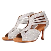 voordelige Latin dansschoenen-Zilveren strass latin dansschoenen voor dames – glinsterende strappy hoge hak ballroom performance sandalen voor salsa, bachata, feest, competitie