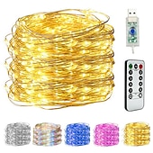abordables Alimentado por USB-Elegante cadena de luces LED de cobre con enchufe USB de 10 m y 100 ledes para recepción de bodas, con control remoto, 8 modos, resistente al agua, para cumpleaños, habitación y día de San Valentín