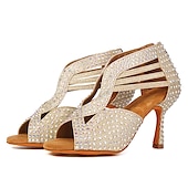 voordelige Latin dansschoenen-Zilveren strass latin dansschoenen voor dames – glinsterende strappy hoge hak ballroom performance sandalen voor salsa, bachata, feest, competitie