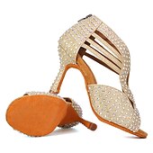 voordelige Latin dansschoenen-Zilveren strass latin dansschoenen voor dames – glinsterende strappy hoge hak ballroom performance sandalen voor salsa, bachata, feest, competitie