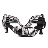 abordables Chaussures de danses latines-chaussures de danse à strass noires pour femmes avec bout ouvert et design à lanières - talons de danse étincelants pour la danse latine, la salsa et la danse de salon