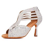 voordelige Latin dansschoenen-Zilveren strass latin dansschoenen voor dames – glinsterende strappy hoge hak ballroom performance sandalen voor salsa, bachata, feest, competitie