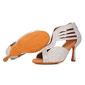 voordelige Latin dansschoenen-Zilveren strass latin dansschoenen voor dames – glinsterende strappy hoge hak ballroom performance sandalen voor salsa, bachata, feest, competitie