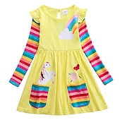 preiswerte Kleider mit Einhornmotiv-Kinder Wenig Mädchen Kleid Einhorn Regenbogen Blume Tier T Shirt Kleid Zeichentrickfilm Mit Taschen Druck Blau Gelb Fuchsie Übers Knie Langarm Aktiv Freizeit Kleider Normale Passform 2-8 Jahre