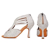 voordelige Latin dansschoenen-Zilveren strass latin dansschoenen voor dames – glinsterende strappy hoge hak ballroom performance sandalen voor salsa, bachata, feest, competitie