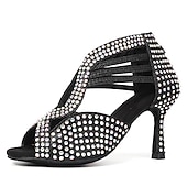 voordelige Latin dansschoenen-Zilveren strass latin dansschoenen voor dames – glinsterende strappy hoge hak ballroom performance sandalen voor salsa, bachata, feest, competitie