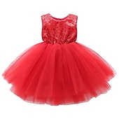 preiswerte Partykleider-Kinder Kleinkind Mädchen Kleid Einfarbig Ärmellos Leistung Party Ferien Pailletten Basic Schön Süß Acryl Sommer Rosa Rote