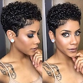 economico Parrucche di capelli veri senza cuffia-parrucca di capelli umani di remy taglio pixie per le donne nere breve afro ricci capelli brasiliani parrucca a buon mercato senza cappuccio parrucca di capelli umani nero naturale # 1b per la festa