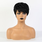 abordables Perruques sans bonnet-Cheveux Naturel Rémy Perruque Court Droit Droite naturelle Bob Coupe Carré Coupe Lutin Partie latérale Coupe Dégradée Noir Marron Homme Mode Ligne de Cheveux Naturelle Sans bonnet Femme Tous Noir
