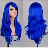 economico Parrucche da festa-Parrucca sintetica riccia a onda naturale con frangia parrucca lunga in fibra sintetica bionda chiara grigia argento marrone rosa 28 pollici parrucche anime carine per feste di Halloween