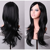 economico Parrucche da festa-Parrucca sintetica riccia a onda naturale con frangia parrucca lunga in fibra sintetica bionda chiara grigia argento marrone rosa 28 pollici parrucche anime carine per feste di Halloween