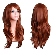 economico Parrucche da festa-Parrucca sintetica riccia a onda naturale con frangia parrucca lunga in fibra sintetica bionda chiara grigia argento marrone rosa 28 pollici parrucche anime carine per feste di Halloween