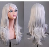 economico Parrucche da festa-Parrucca sintetica riccia a onda naturale con frangia parrucca lunga in fibra sintetica bionda chiara grigia argento marrone rosa 28 pollici parrucche anime carine per feste di Halloween