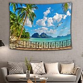 お買い得  オーシャンビーチのタペストリー-窓の風景壁タペストリーアート装飾毛布カーテンピクニックテーブルクロスぶら下げ家の寝室リビングルーム寮の装飾ポリエステル海海ビーチヤシ動物