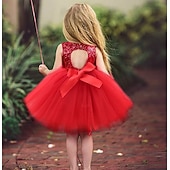 preiswerte Partykleider-Kinder Kleinkind Mädchen Kleid Einfarbig Ärmellos Leistung Party Ferien Pailletten Basic Schön Süß Acryl Sommer Rosa Rote