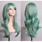 economico Parrucche da festa-Parrucca sintetica riccia a onda naturale con frangia parrucca lunga in fibra sintetica bionda chiara grigia argento marrone rosa 28 pollici parrucche anime carine per feste di Halloween