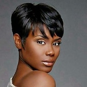 abordables Perruques sans bonnet-Cheveux Naturel Rémy Perruque Court Droit Droite naturelle Bob Coupe Carré Coupe Lutin Partie latérale Coupe Dégradée Noir Marron Homme Mode Ligne de Cheveux Naturelle Sans bonnet Femme Tous Noir