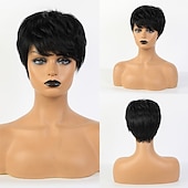 abordables Perruques sans bonnet-Cheveux Naturel Rémy Perruque Court Droit Droite naturelle Bob Coupe Carré Coupe Lutin Partie latérale Coupe Dégradée Noir Marron Homme Mode Ligne de Cheveux Naturelle Sans bonnet Femme Tous Noir
