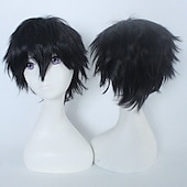 abordables Perruques de fête-perruque synthétique bouclée asymétrique courte marron clair vert blanc violet noir cheveux synthétiques 12 pouces femmes anime cosplay cool noir perruque de carnaval