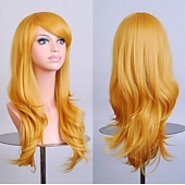 economico Parrucche da festa-Parrucca sintetica riccia a onda naturale con frangia parrucca lunga in fibra sintetica bionda chiara grigia argento marrone rosa 28 pollici parrucche anime carine per feste di Halloween