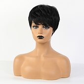 abordables Perruques sans bonnet-Cheveux Naturel Rémy Perruque Court Droit Droite naturelle Bob Coupe Carré Coupe Lutin Partie latérale Coupe Dégradée Noir Marron Homme Mode Ligne de Cheveux Naturelle Sans bonnet Femme Tous Noir