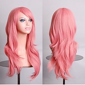 economico Parrucche da festa-Parrucca sintetica riccia a onda naturale con frangia parrucca lunga in fibra sintetica bionda chiara grigia argento marrone rosa 28 pollici parrucche anime carine per feste di Halloween