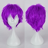 abordables Perruques de fête-perruque synthétique bouclée asymétrique courte marron clair vert blanc violet noir cheveux synthétiques 12 pouces femmes anime cosplay cool noir perruque de carnaval
