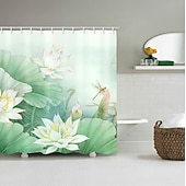 お買い得  シャワーカーテン-防水布製シャワーカーテン 180cm*180cm(70&quot;*70&quot;) フック付き 白い蓮のデジタルプリント バスルームのホームデコに カバーされたバスタブカーテンライナー