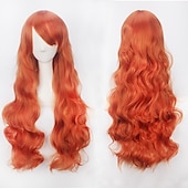abordables Pelucas de fiesta-Peluca de cosplay, peluca rizada con ondas corporales y flequillo, cabello sintético morado largo para mujer, peluca de cosplay creativa para fiesta, peluca rubia roja larga y negra, peluca de