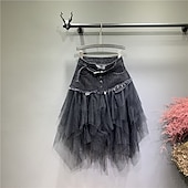 cheap Plain Skirts-Women&#039;s Skirt A Line Basic Long Carnival Costumes Ladies Asymmetrical Skirts Color Block Solid Colored Pleated Tulle Vacation Daily Wear Black Light Blue Summer Denim