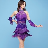 abordables Ropa de baile latino-Vestido de baile latino, encaje con flecos, borla, articulación dividida, entrenamiento de mujer, rendimiento, sin mangas, encaje alto, fibra de leche