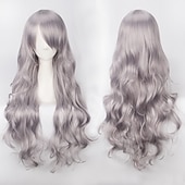 abordables Pelucas de fiesta-Peluca de cosplay, peluca rizada con ondas corporales y flequillo, cabello sintético morado largo para mujer, peluca de cosplay creativa para fiesta, peluca rubia roja larga y negra, peluca de