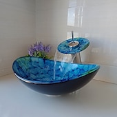 cheap Νιπτήρες-Bathroom Vessel Sink Set Rectangular 16&quot;x13&quot;, Sink Mixer Faucet and Drain Combo with Pop-up Drain, Boat Shape Color Tempered Glass Artistic Vessel Vanity Sink Bowl, Above Counter Sink Art Wash Basin