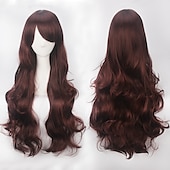 abordables Pelucas de fiesta-Peluca de cosplay, peluca rizada con ondas corporales y flequillo, cabello sintético morado largo para mujer, peluca de cosplay creativa para fiesta, peluca rubia roja larga y negra, peluca de