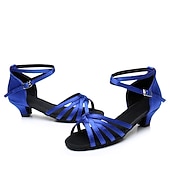 halpa Lattarikengät-naisten siniset satiiniset latinalaiset tanssikengät – avokärkiset matalakorkoiset tanssisandaalit nilkkahihnalla harjoitteluun ja esiintymiseen
