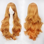 abordables Pelucas de fiesta-Peluca de cosplay, peluca rizada con ondas corporales y flequillo, cabello sintético morado largo para mujer, peluca de cosplay creativa para fiesta, peluca rubia roja larga y negra, peluca de