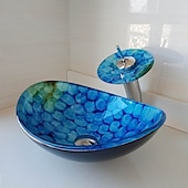 cheap Νιπτήρες-Bathroom Vessel Sink Set Rectangular 16&quot;x13&quot;, Sink Mixer Faucet and Drain Combo with Pop-up Drain, Boat Shape Color Tempered Glass Artistic Vessel Vanity Sink Bowl, Above Counter Sink Art Wash Basin