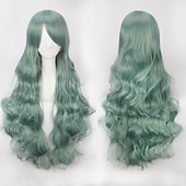 abordables Pelucas de fiesta-Peluca de cosplay, peluca rizada con ondas corporales y flequillo, cabello sintético morado largo para mujer, peluca de cosplay creativa para fiesta, peluca rubia roja larga y negra, peluca de