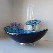 cheap Νιπτήρες-Bathroom Vessel Sink Set Rectangular 16&quot;x13&quot;, Sink Mixer Faucet and Drain Combo with Pop-up Drain, Boat Shape Color Tempered Glass Artistic Vessel Vanity Sink Bowl, Above Counter Sink Art Wash Basin