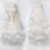 abordables Pelucas de fiesta-Peluca de cosplay, peluca rizada con ondas corporales y flequillo, cabello sintético morado largo para mujer, peluca de cosplay creativa para fiesta, peluca rubia roja larga y negra, peluca de
