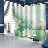 お買い得  シャワーカーテン-防水布製シャワーカーテン 180cm*180cm(70&quot;*70&quot;) フック付き 白い蓮のデジタルプリント バスルームのホームデコに カバーされたバスタブカーテンライナー