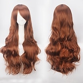 abordables Pelucas de fiesta-Peluca de cosplay, peluca rizada con ondas corporales y flequillo, cabello sintético morado largo para mujer, peluca de cosplay creativa para fiesta, peluca rubia roja larga y negra, peluca de