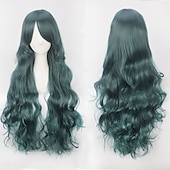 abordables Pelucas de fiesta-Peluca de cosplay, peluca rizada con ondas corporales y flequillo, cabello sintético morado largo para mujer, peluca de cosplay creativa para fiesta, peluca rubia roja larga y negra, peluca de