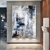 cheap Abstract Paintings-Handmade Oil Painting Canvas Wall Art Decoration Abstract Golden and Blue and White Landscape for Home Decor Rolled Frameless Unstretched Painting