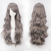 abordables Pelucas de fiesta-Peluca de cosplay, peluca rizada con ondas corporales y flequillo, cabello sintético morado largo para mujer, peluca de cosplay creativa para fiesta, peluca rubia roja larga y negra, peluca de
